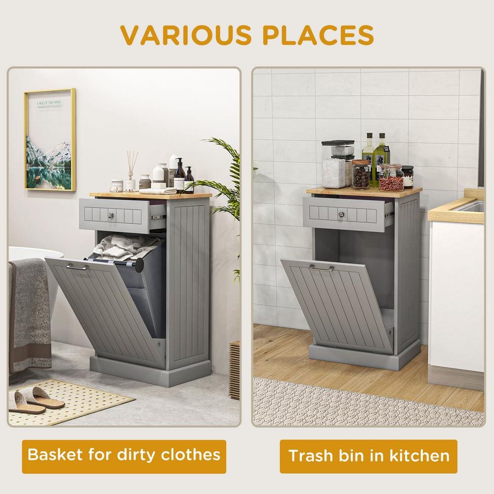 Gray Oak Kitchen Tilt Out Trash Bin Cabinet with Drawer