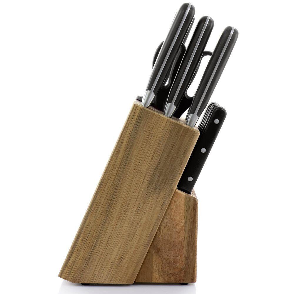 14-Piece Black Stainless Steel Cutlery Set with Acacia Wood Block