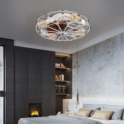 19.7 in. Indoor White Caged Low Profile Ceiling Fan Flush Mount Remote Control with 4-Light Bulbs Included