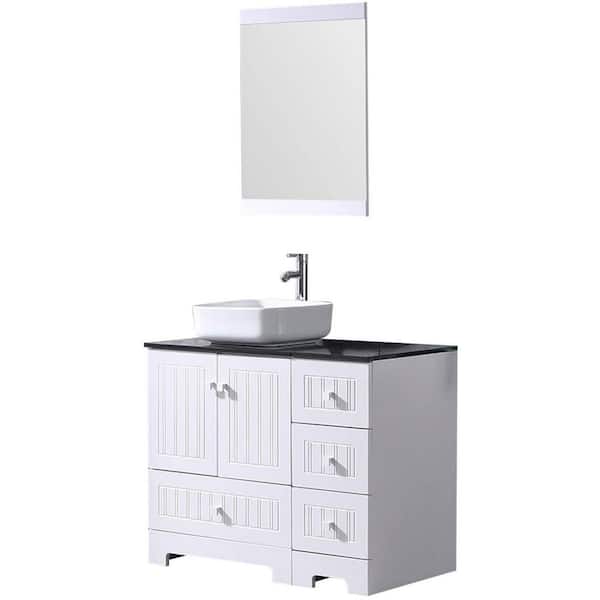 Wonline 36.4 in. W x 21.7 in. D x 60 in. H Single Sink Bath Vanity in White with Black Countertop and Ceramic Sink and Mirror