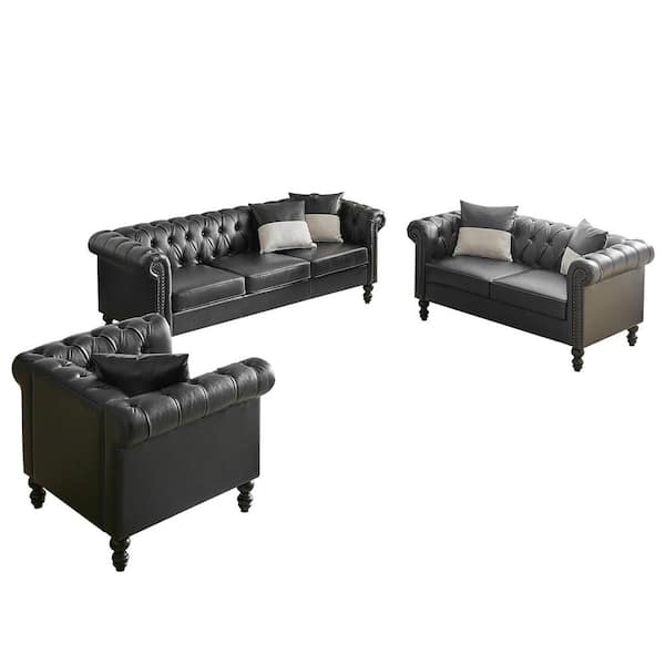 JAYDEN CREATION Tecla Black Traditional 3-Piece Faux Leather Living Room Set