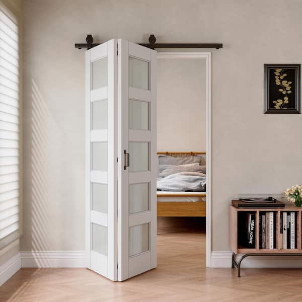 48 in. x 80 in. 5 Lite Tempered Frosted Glass White Primed Bifold Sliding Barn Door with Hardware Kit