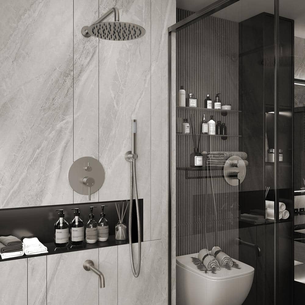 Brushed Nickel Large Round Rain Shower System with Handheld