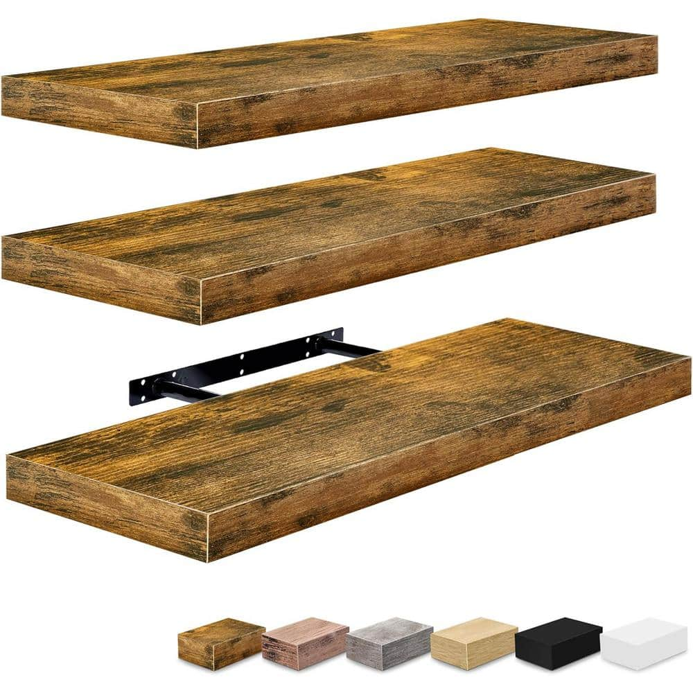 3-Pack Floating Shelves, 24 in. W x 9 in. D Walnut Decorative Wall Shelves with Invisible Brackets