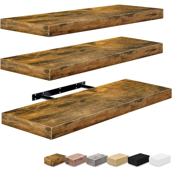 3-Pack Floating Shelves, 24 in. W x 9 in. D Walnut Decorative Wall Shelves with Invisible Brackets