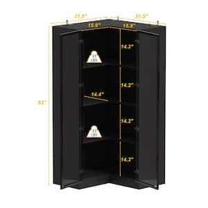 Black Wood 31.5 in. W. 2-Door Corner Wardrobe Armoires Bag Cabinet with Glass Doors, 3-Colors LED Lights