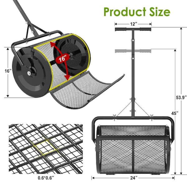 24 in. Black Compost Handheld Spreader Peat Moss Spreader, Lawn Garden Spreader Roller for Manure with 3-Heights