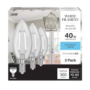 40-Watt Equivalent B10 E12 Candelabra Dim White Filament Clear Glass Chandelier LED Light Bulb Daylight 5000K (3-Pack)
