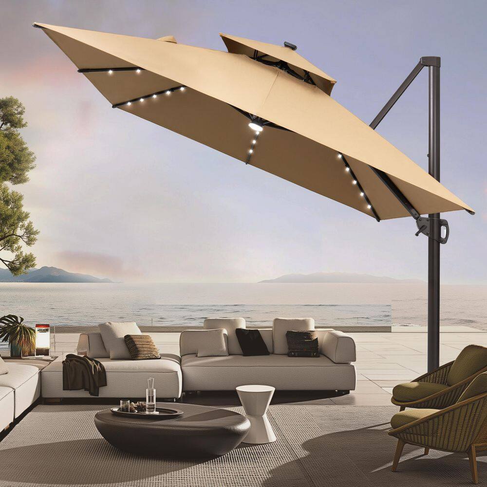 13 ft. x 10 ft. Solar Lighted Cantilever Patio Umbrella in Tan Brown Double Top Outdoor Offset Umbrella with 360° Rotate price history on PriceWatchPro