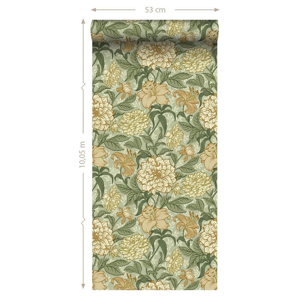 Persephone Golden Yellow and Pale Green Floral Wallpaper