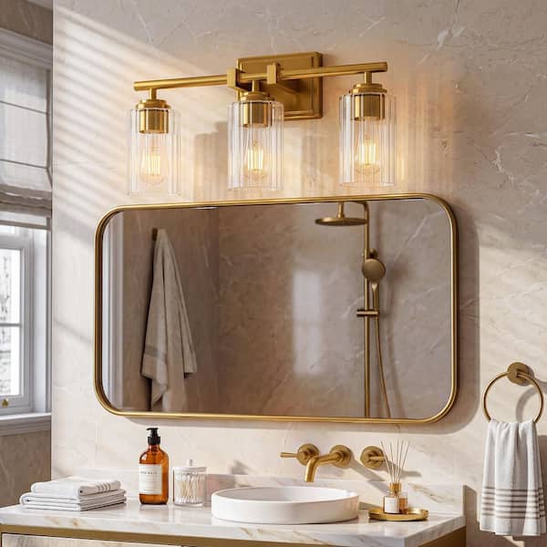 17.7 in. 3-Light Modern Brushed Gold Bathroom Vanity Light Fixture with Clear Ribbed Glass Shade Over Mirror