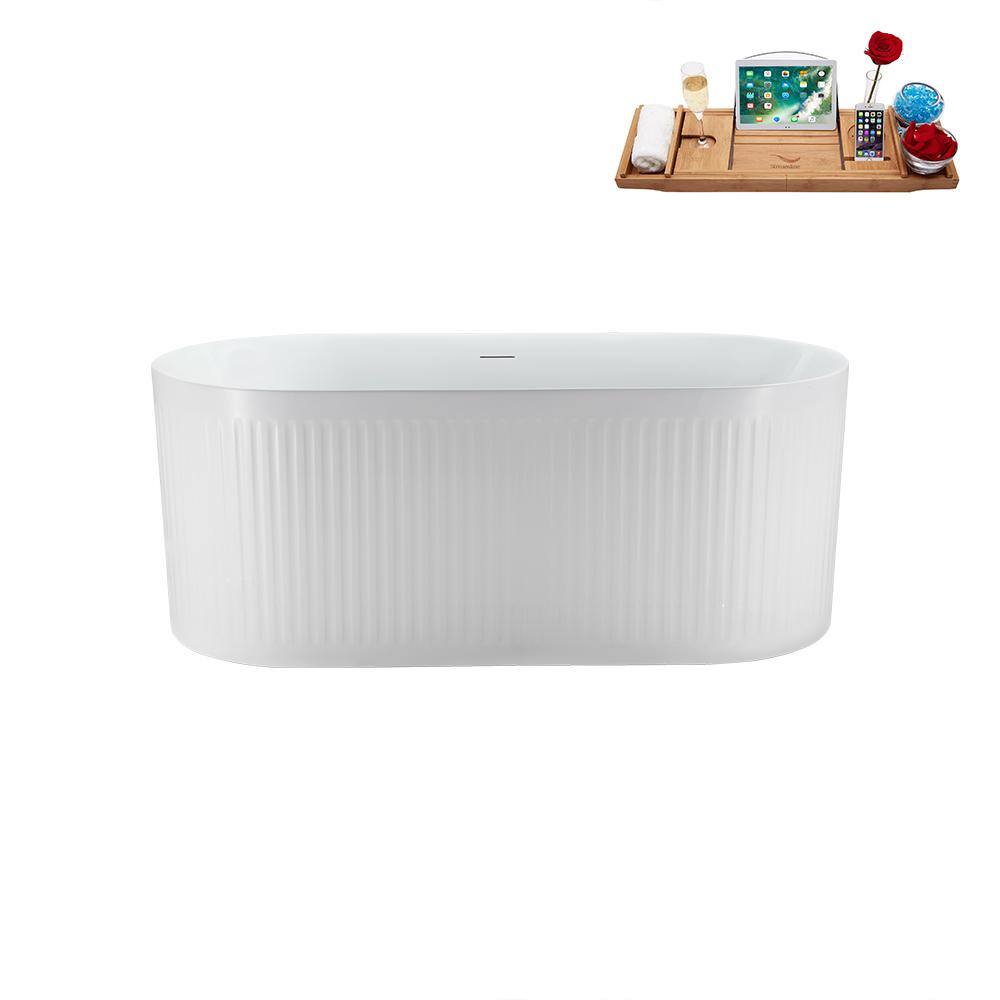 59'' Glossy White Freestanding Acrylic Soaking Bathtub with Tray