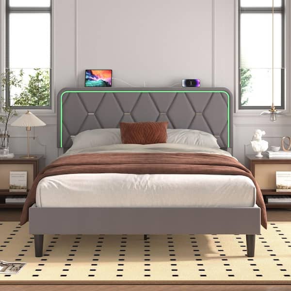VECELO Upholstered Bed Queen Smart LED Bed Frame with Adjustable Gray Headboard, Platform Bed with Solid Wood Slats Support
