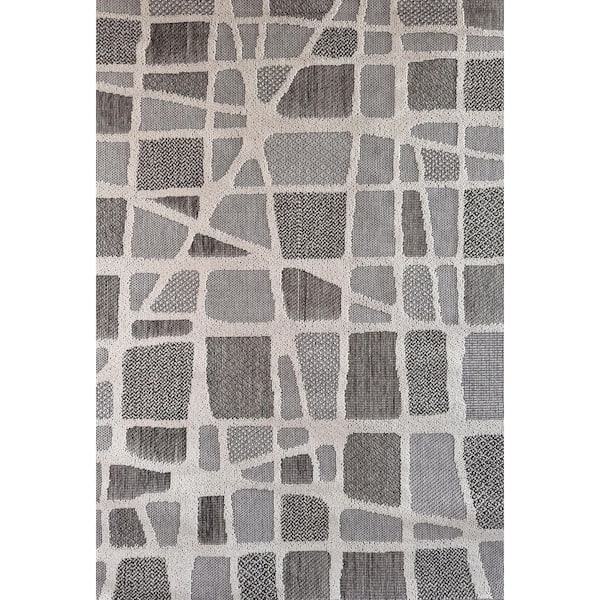 Rug Branch Hogar Grey Cream, Modern 4 ft. x 6 ft. Abstract Indoor Outdoor Area Rug