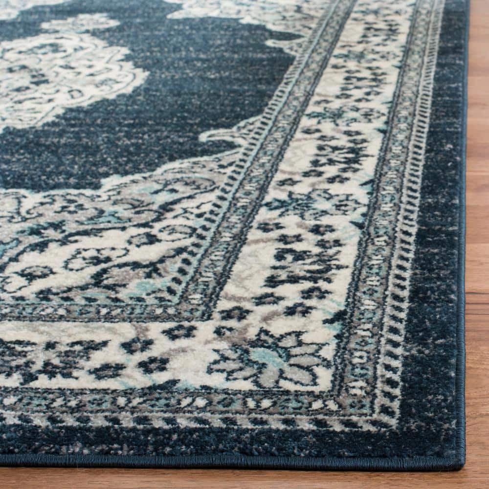 Navy and Cream Floral Motif Medium Pile Area Rug