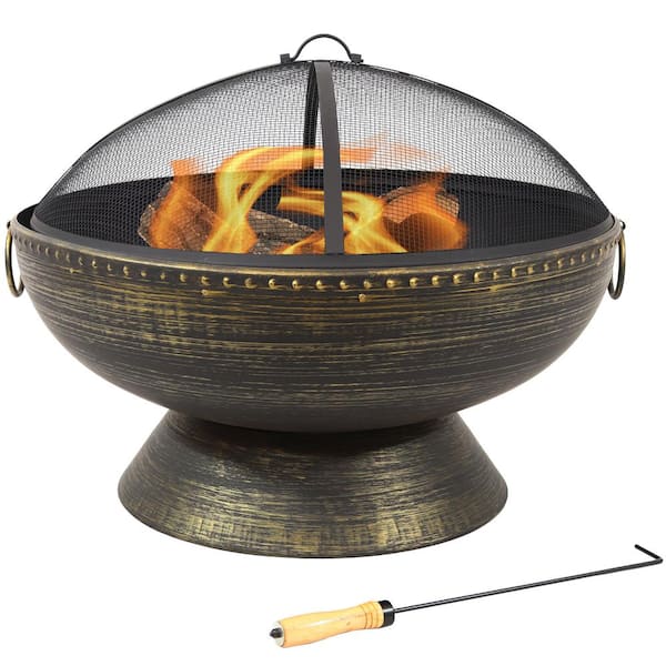 Sunnydaze Decor 30 in. x 24 in. Round Bronze Steel Wood Burning Fire Bowl with Handles and Spark Screen