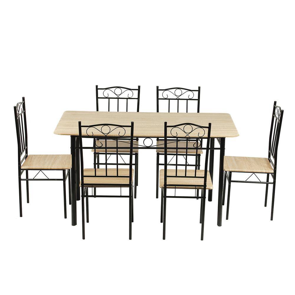 Homy Casa Norseman Beige 7-Piece Dining Set with Rectangle Dining Table and Wood Seat Dining Chair, Beige 6 wood chairs