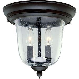 Ashmore Collection 2-Light Textured Black Clear Seeded Glass New Traditional Outdoor Close-to-Ceiling Light