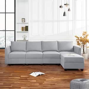 112.8 in Modern 4-Seater Upholstered Sectional Sofa with Ottoman - Gray Linen - Sofa Couch for Living Room/Office
