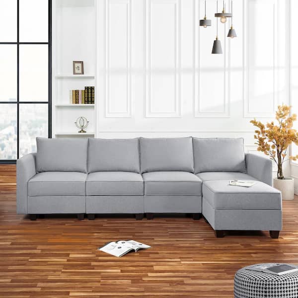 MAYKOOSH Contemporary 4-Seater Upholstered Sectional Sofa with Ottoman - Gray Linen
