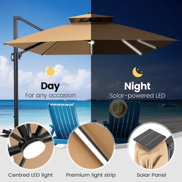 13 ft. x 10 ft. Solar Powered Cantilever Patio Umbrella in Tan Brown Aluminum Outdoor Offset Umbrella with 260 lb. Base