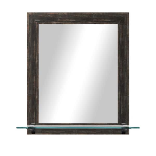 Unbranded 25.5 in W x 21.5 in H Rectangular Framed Brown Distressed Vertical Wall Mirror with Tempered Glass Shelf/Black Brackets