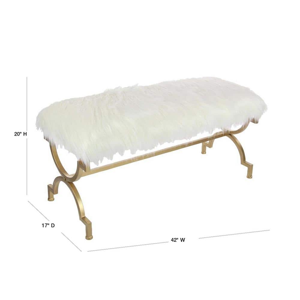 Chic Gold Metal 42" Entryway Bench with White Faux Fur Cushion