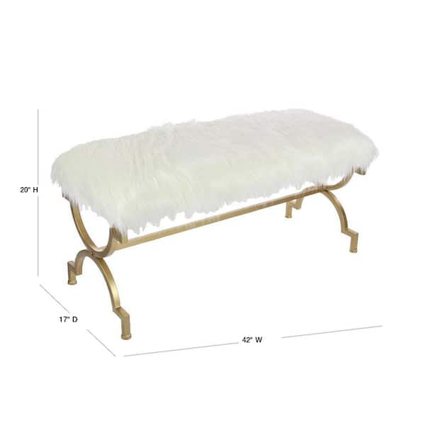 Litton Lane - Gold Bench with White Faux Fur Top 20 in. X 42 in. X 17 in.