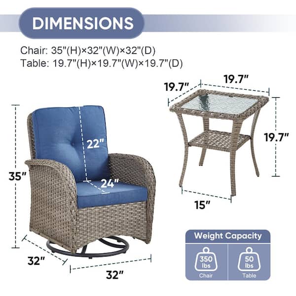 Gray 3-Piece Wicker Patio Conversation Set with Blue Cushions and Coffee Table All-Weather Swivel Rocking Chairs
