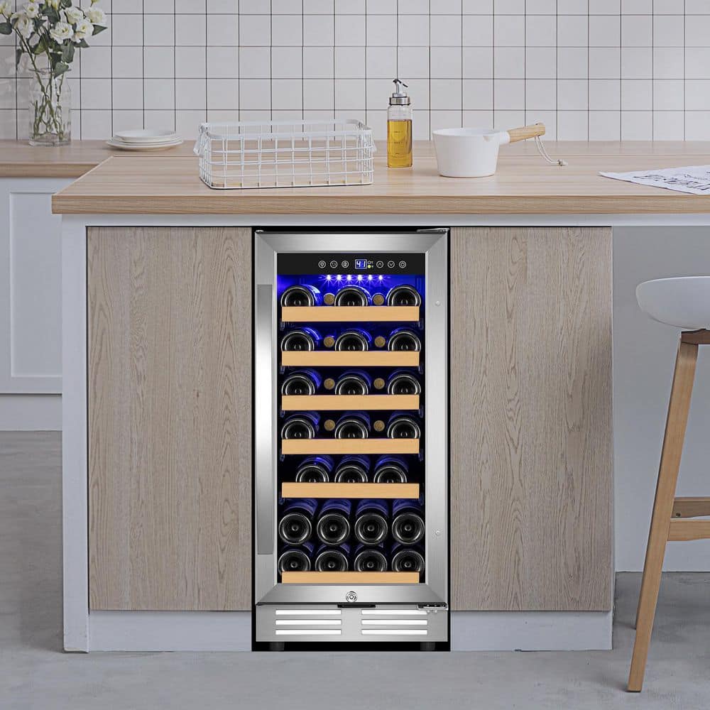 TITTLA 15 in. Built-In Single Zone 30-Bottle Wine Cooler in Silver with Reversible Door and 6-Removable Shelves