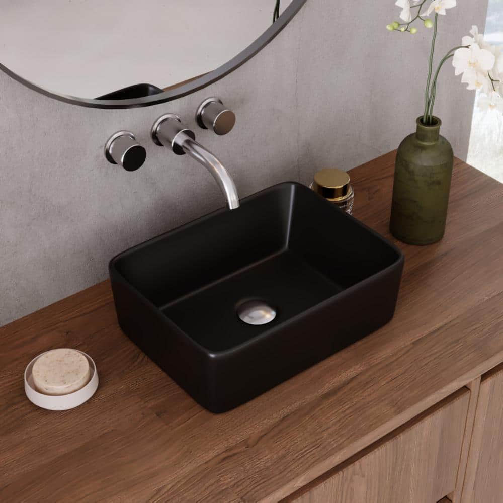 Black Ceramic Rectangular Vessel Bathroom Sink, 16'' x 12''