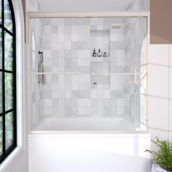 Hermitage Bath Nepti 60 in. W x 56 in. H Sliding Semi Frameless Tub Door in Brushed Nickel Finish with Clear Glass