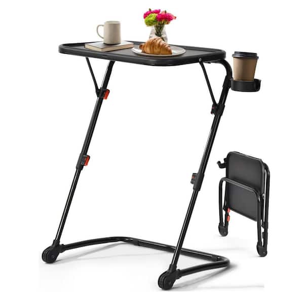 BASELI BLACK 27.7 in. Plastic Modern Rectangle Folding Table with Adjustable Height, Tilt and Cup Holder