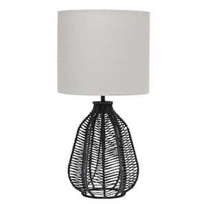 21 in. Black Table Lamp Vintage Rattan Wicker Style Paper Rope with White Fabric Shade