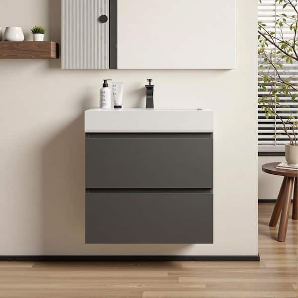 24 in. Wall Mount Modern Single Sink Gray Bath Vanity with One-Piece White Solid Surface Top Sink Pre-assembled
