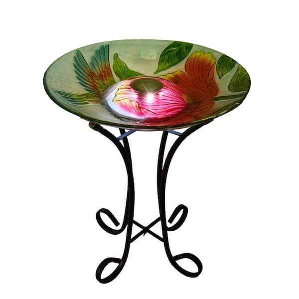 HI-LINE GIFT LTD. 18 in. Solar LED Floral Glass Bird Bath with Stand - Hummingbird & Large Poppy