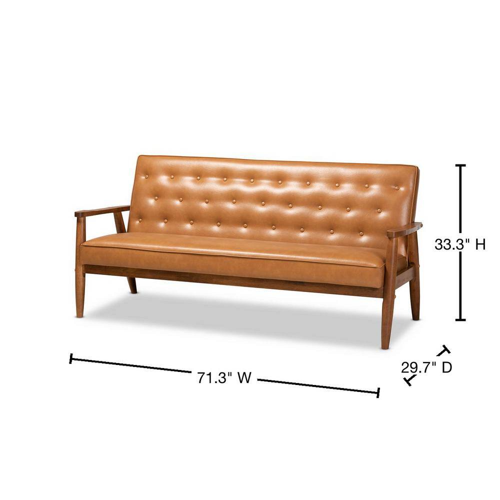 Mid-Century Walnut Brown Tufted Faux Leather Sofa