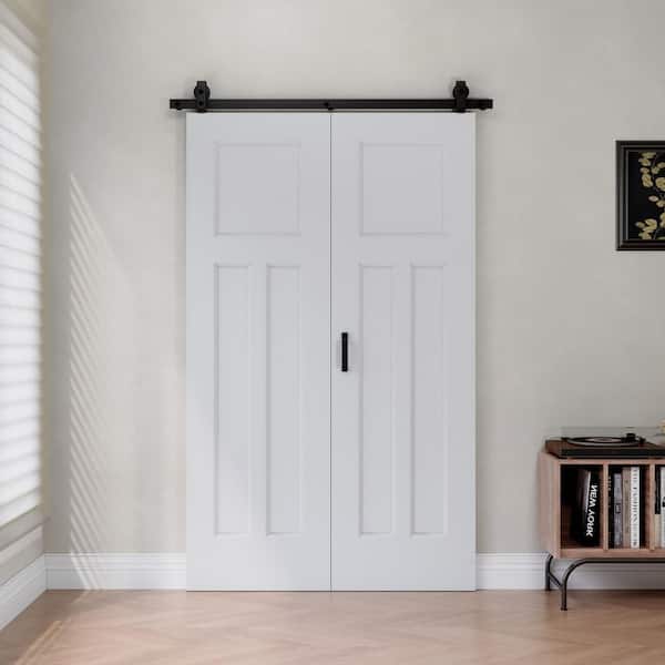 48 in. x 80 in. T-Shape 3 Panel Molded White Primed MDF Bifold Sliding Barn Door with Hardware Kit