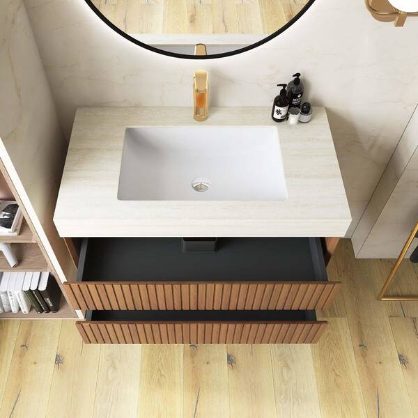 Yingze 36 in. Wall-Mounted Single Sink Brown Oak Bath Vanity with