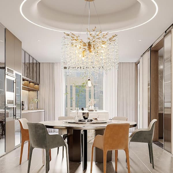 24" 8-Light Modern Crystal Chandelier, Gold Tree Branch Round Chandelier for Dining Room, Living Room, Bedroom, Entryway