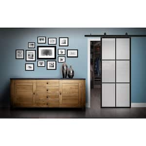 Tribeca 36 in. x 84 in. 6-Lite Frosted Glass Black Finished Aluminum Framed Sliding Barn Door with Hardware Kit