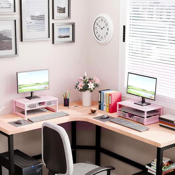 Pink 16 in. x 6.3 in. Metal Modern Desk Organizer Stand with Drawer