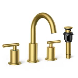 Two-Handle Bathroom Faucet 3-Hole Widespread Bathroom Sink Faucet with Metal Drain and Supply Hose Gold