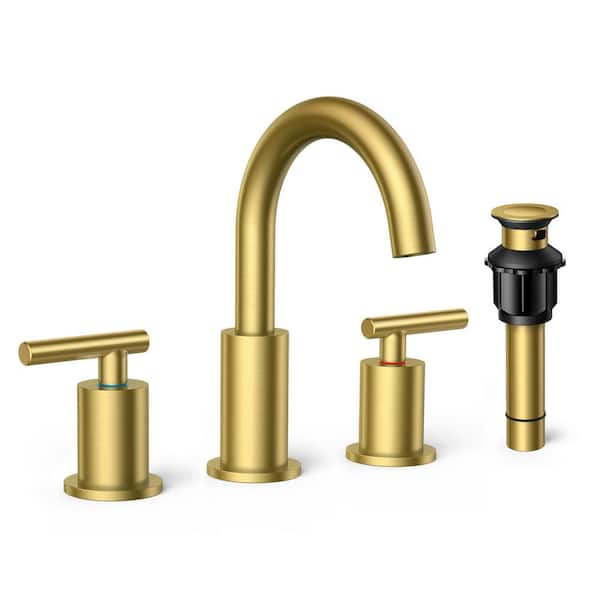 FORIOUS Two-Handle Bathroom Faucet 3-Hole Widespread Bathroom Sink Faucet with Metal Drain and Supply Hose Gold