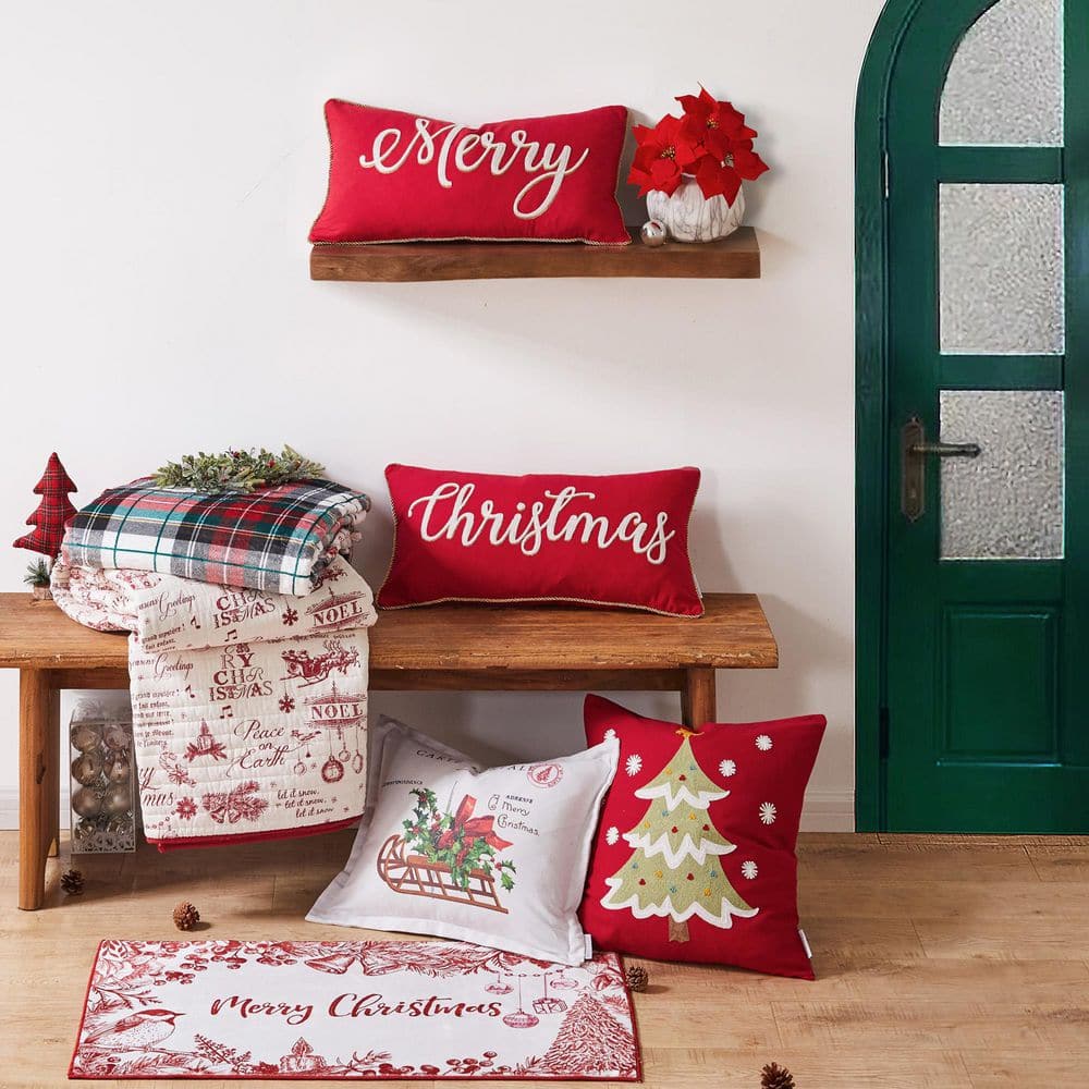 Red and Gold Embroidered Merry Holiday Pillow 12x24