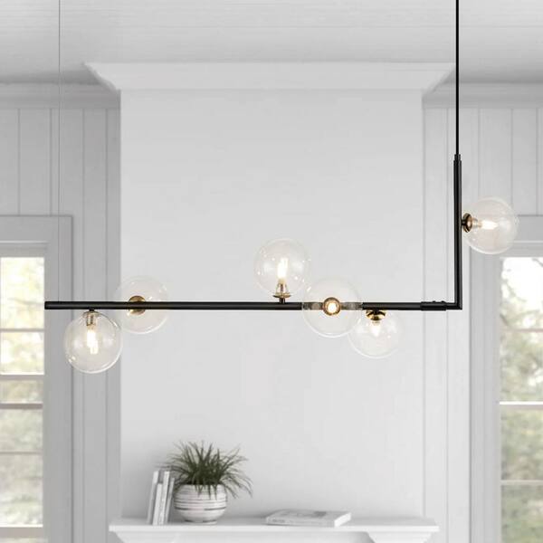 RRTYO Herculaneum 6-Light Black Gold Kitchen Island Linear Pendant Light with Globe Glass Shade
