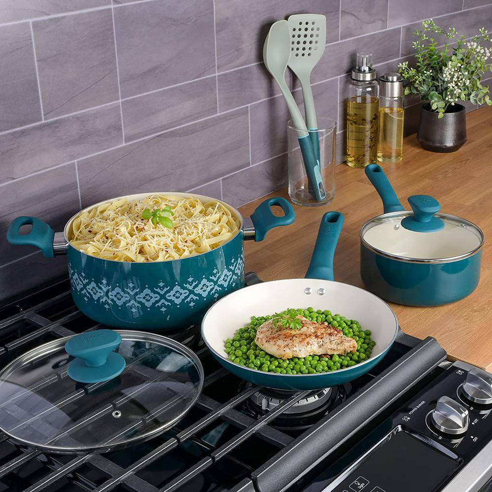 Teal 7-Piece Nonstick Aluminum Cookware Set with Nylon Utensils
