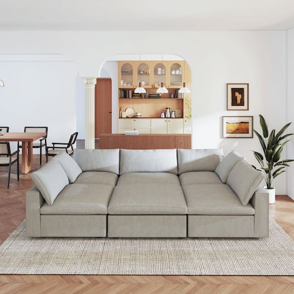 Cloud 118 in. Modular Khaki Linen Down Filled Queen Size 5-Seat Sleeper Sofa Bed with Storage Ottoman, Removable Covers