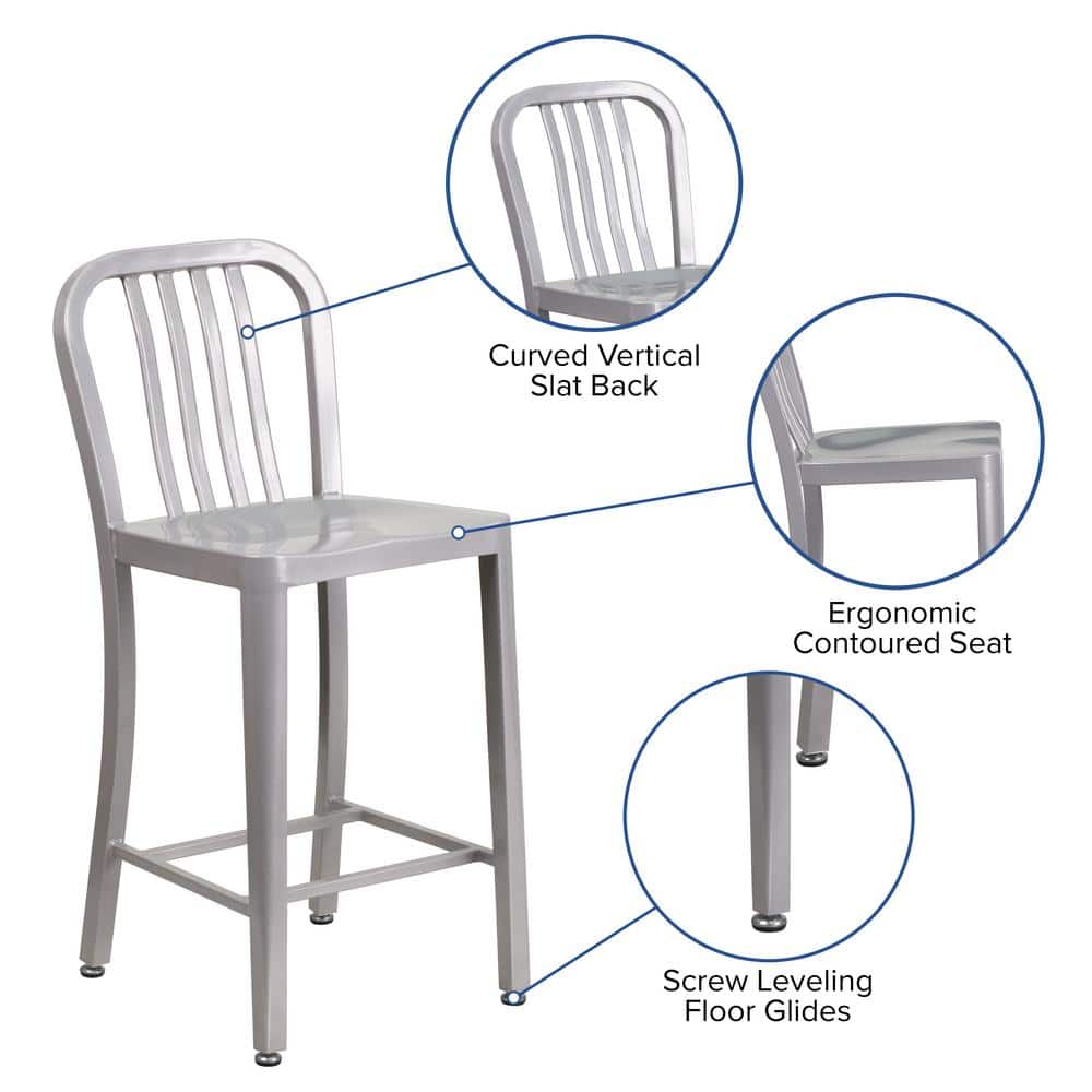 Silver 24" Metal Counter Height Stool with Vertical Slat Back