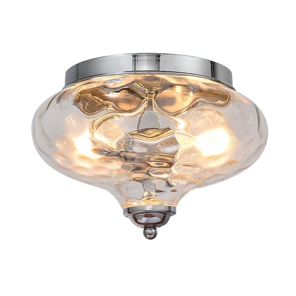 HUOKU Lumin 9 in. 2-Light Chrome Smart Flush Mount with Empire Clear Hammered/Water Ripple/Crystal Glass Shade